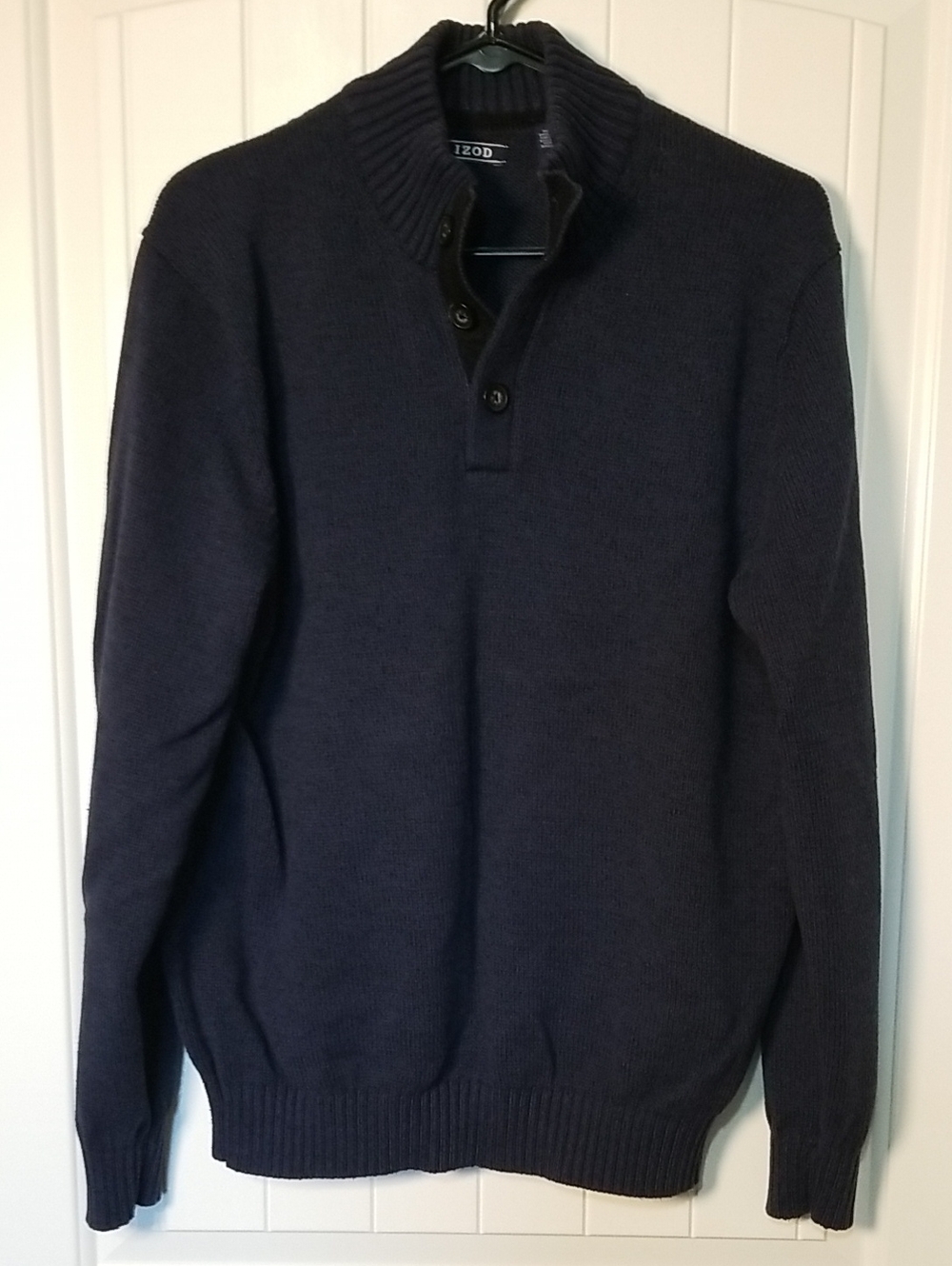 Izod Men's Dark Navy & Black Quarter Button 80% Cotton Sweater Size Medium VG/EC